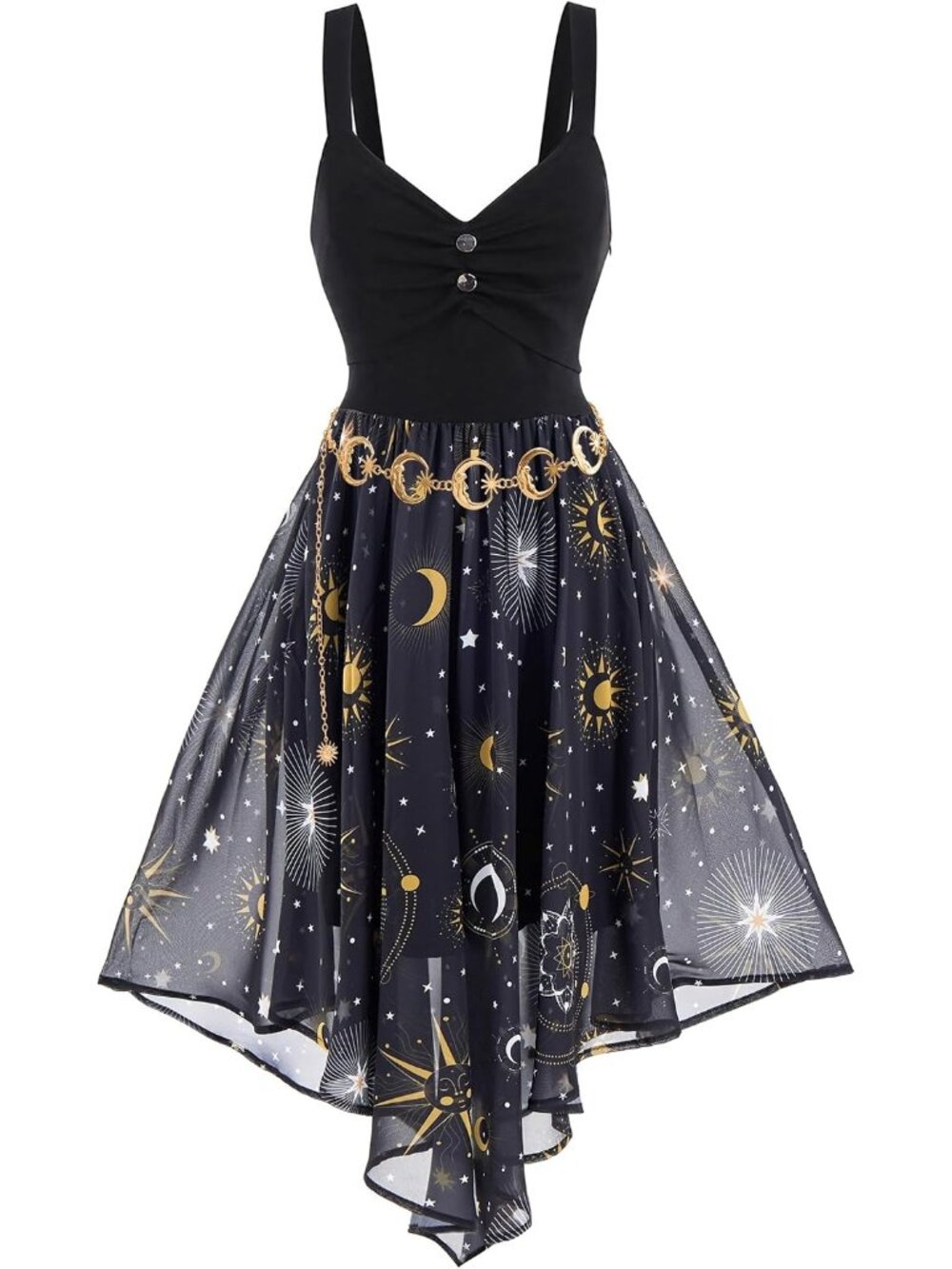 🎃Women's Galaxy Black Waist Chain Sun Moon Star Sleeveless A-Line Midi Dresses